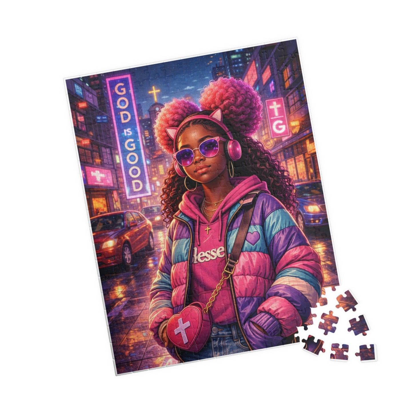 Neon Soul Portrait Puzzle — Vibrant Afrocentric Girl Jigsaw (110–520 pcs)
